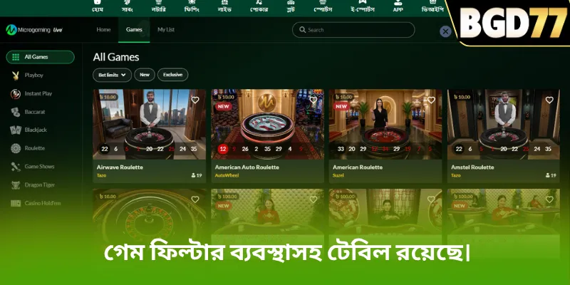 গেম ফিল্টার ব্যবস্থাসহ টেবিল রয়েছে।
