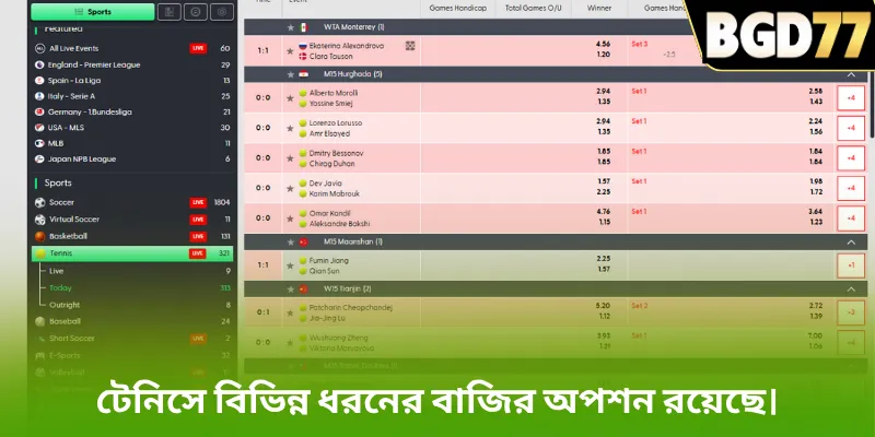 টেনিসে বিভিন্ন ধরনের বাজির অপশন রয়েছে।