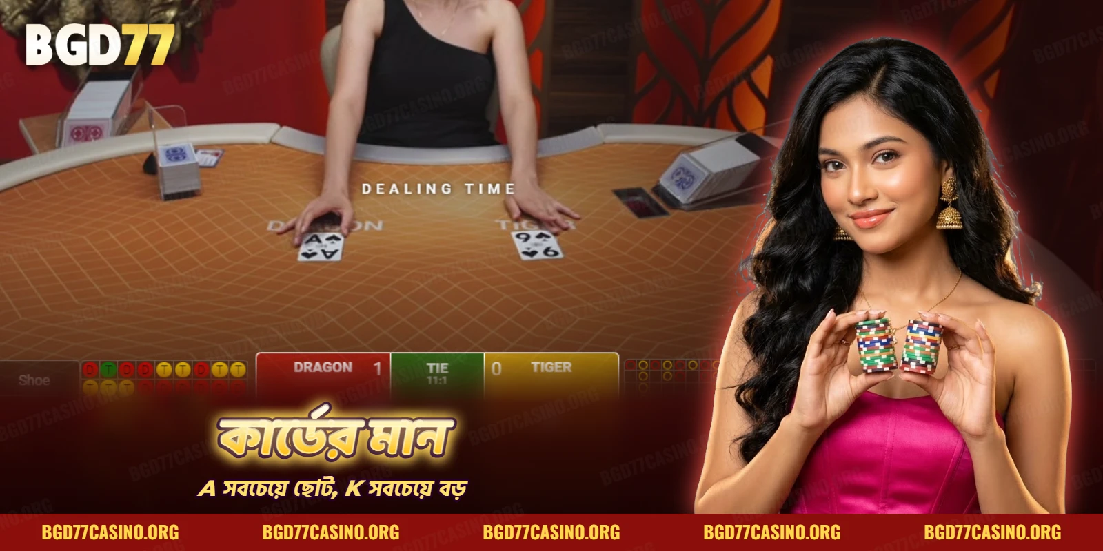 ড্রাগন টাইগার টেবিলে দুই দিকে খোলা দুটি কার্ড ও ফলের স্কোরবোর্ড